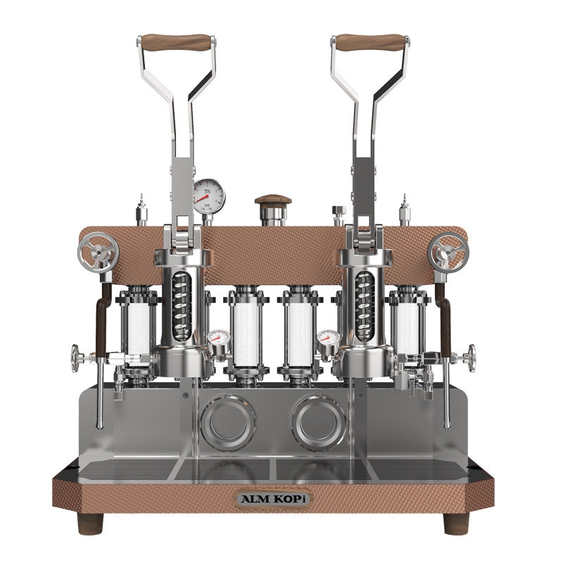 ALM KOPi 6P rose gold dual-head spring lever espresso machine front view