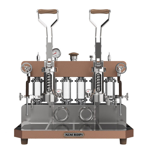 ALM KOPi 6P rose gold dual-head spring lever espresso machine front view