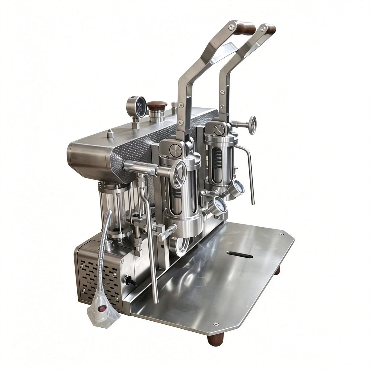 ALM KOPi 6P silver dual-head spring lever espresso machine side view