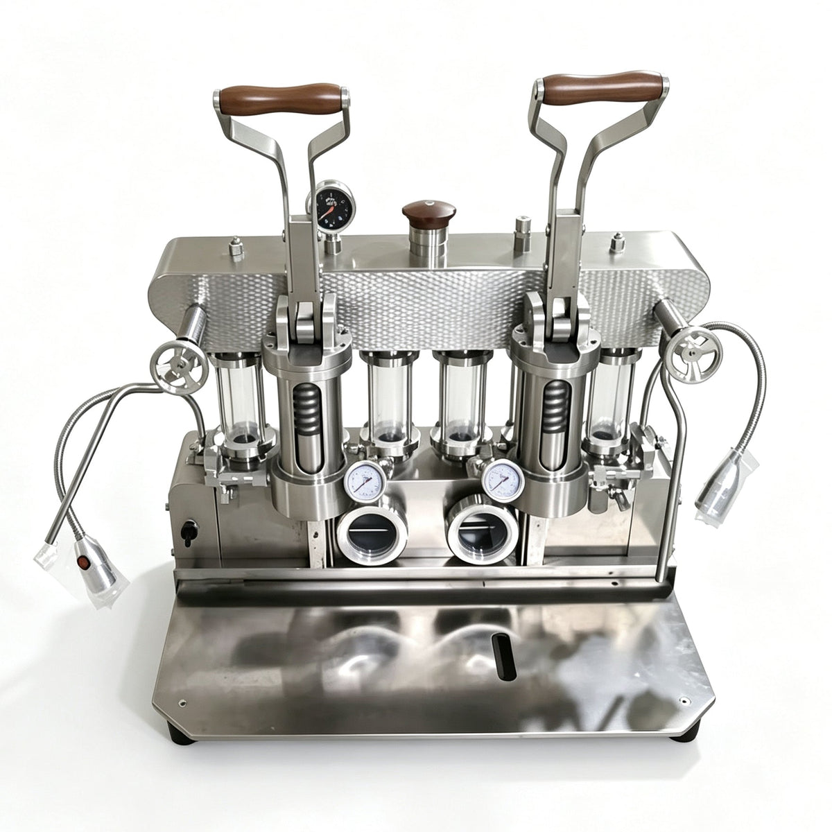 ALM KOPi 6P silver dual-head spring lever espresso machine front view