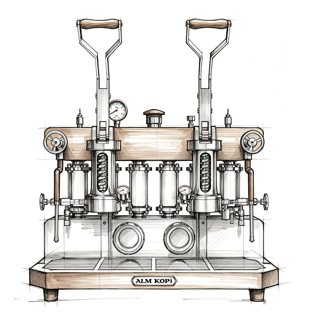 ALM KOPi 6P dual-head spring lever espresso machine design sketch