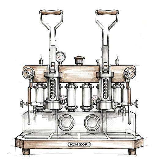 ALM KOPi 6P dual-head spring lever espresso machine design sketch